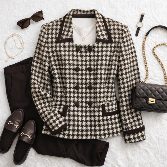 Kasper for ASL 100% Wool Houndstooth Double Breasted Blazer Women's Size 12 Y2K